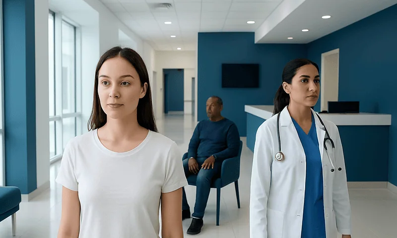 Patients waiting in a modern hospital lobby with medical staff present.