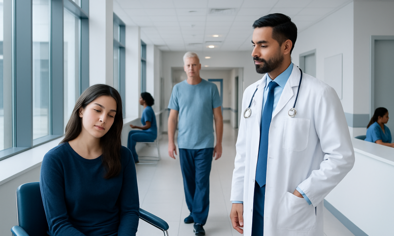 Doctor consulting a patient in a hospital corridor.