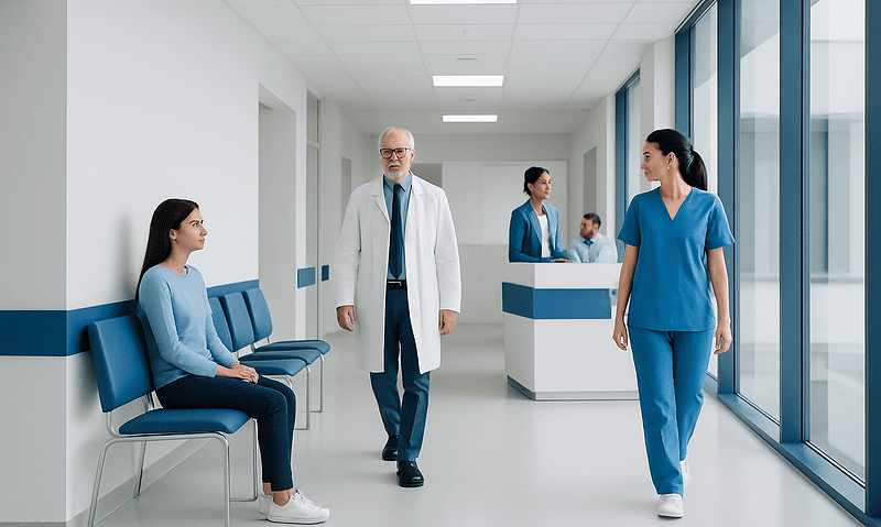Medical consultation in a modern hospital corridor with healthcare professionals and patient.