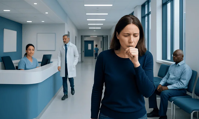 Woman coughing in hospital waiting area with medical staff nearby.