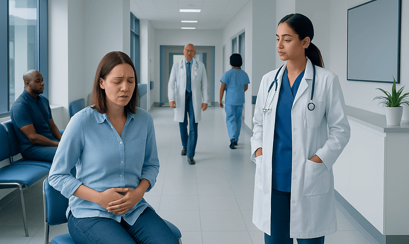 Patient experiencing abdominal discomfort in hospital corridor with medical staff nearby.
