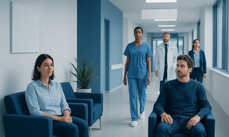 Patients and medical staff in a modern hospital corridor.