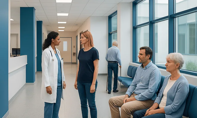 Healthcare professionals consulting with patients in a hospital corridor.