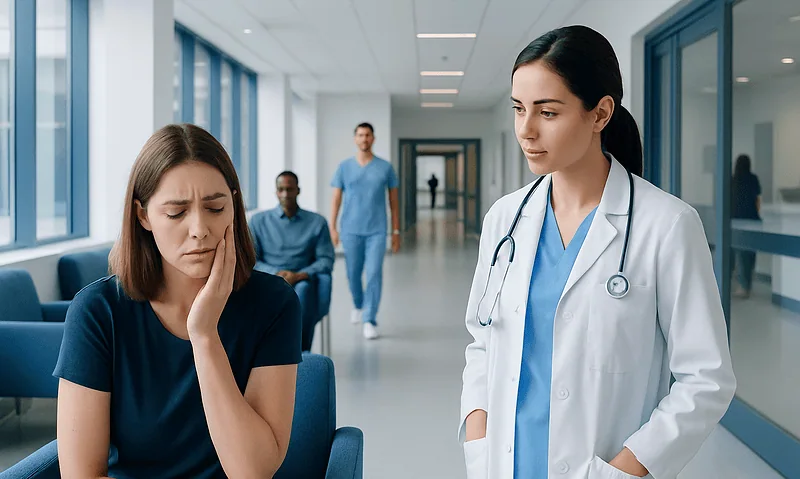 Patient experiencing dental pain in a hospital corridor with medical staff nearby.