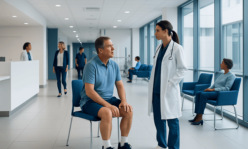 Doctor consulting a patient in a modern hospital waiting area.