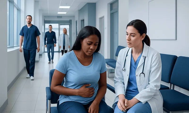 Patient experiencing nausea consulting with a doctor in hospital corridor.