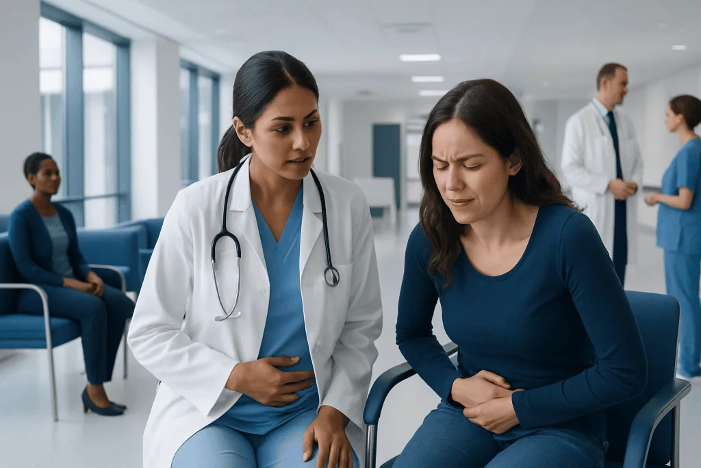 What helps with period cramps: What Works at Home, What Doesn't, and When to See a Doctor 1 Doctor examining woman with abdominal pain in hospital setting.