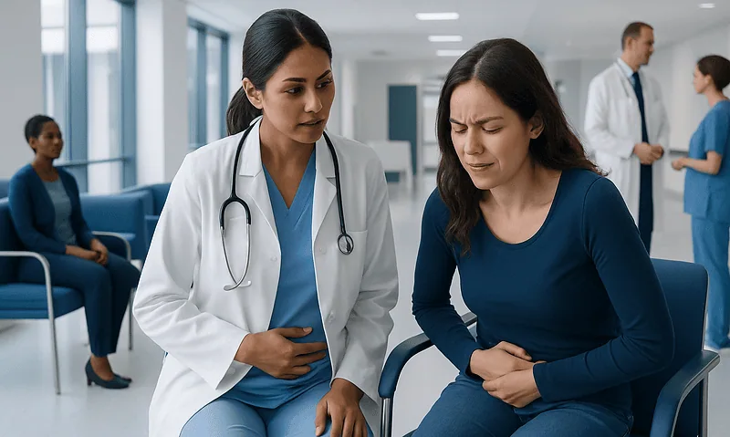 Doctor examining woman with abdominal pain in hospital setting.