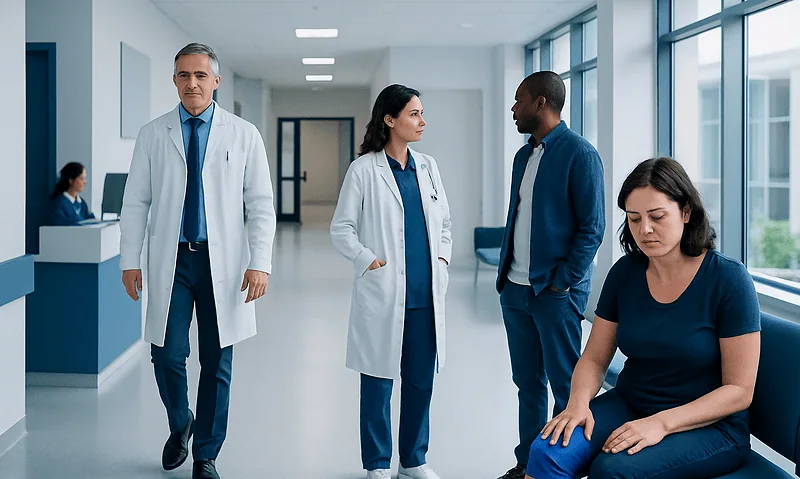 Medical professionals consulting with a patient in a hospital corridor.
