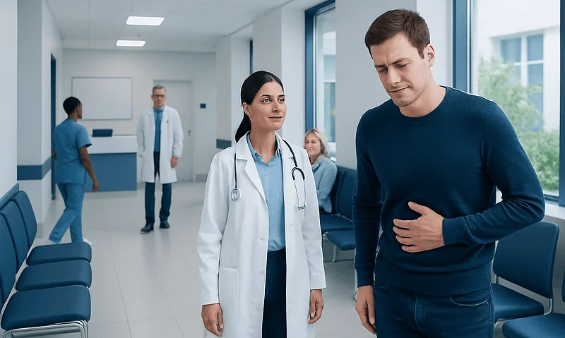 Patient experiencing stomach pain in hospital corridor with medical staff nearby.