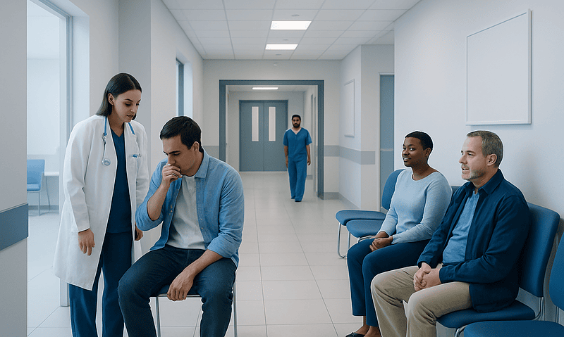 Patient consulting with nurse in hospital corridor with waiting patients nearby.
