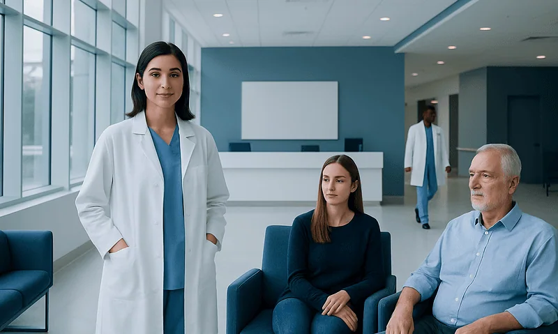 Healthcare professional consulting patients in a modern hospital lobby.