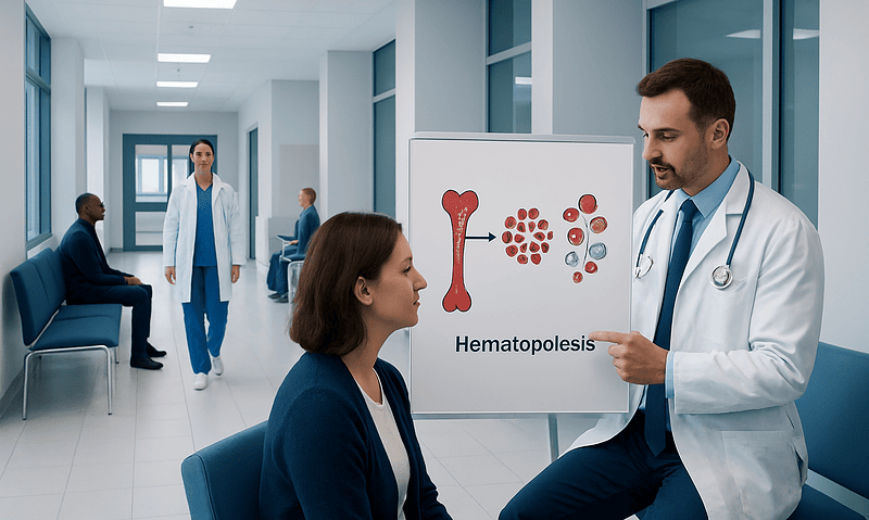 Doctor explaining hematopoiesis to patient in hospital corridor.