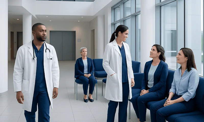 Medical team discussing patient care in a modern hospital lobby.