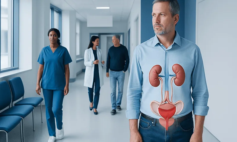 Doctor with anatomical urinary system model in hospital corridor.