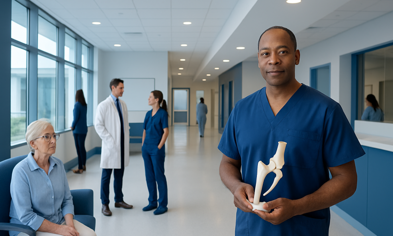 Healthcare professional holding a hip joint model in a hospital corridor.