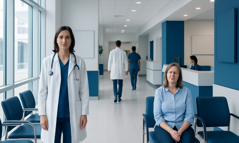 Hospital corridor with medical staff and patient, modern healthcare setting.