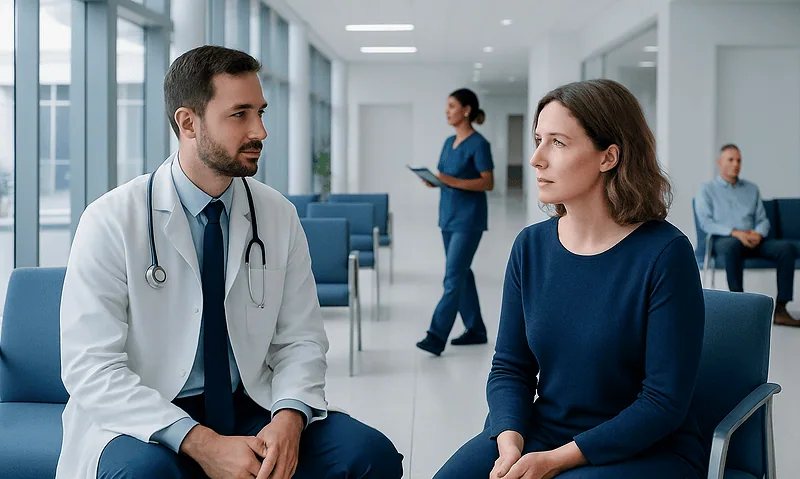 Doctor consulting a patient in a modern hospital corridor.