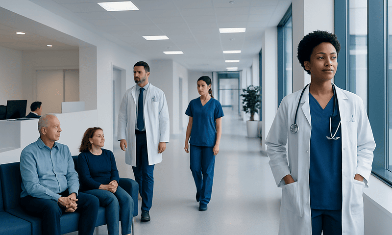 Medical team consulting with patients in a modern hospital corridor.