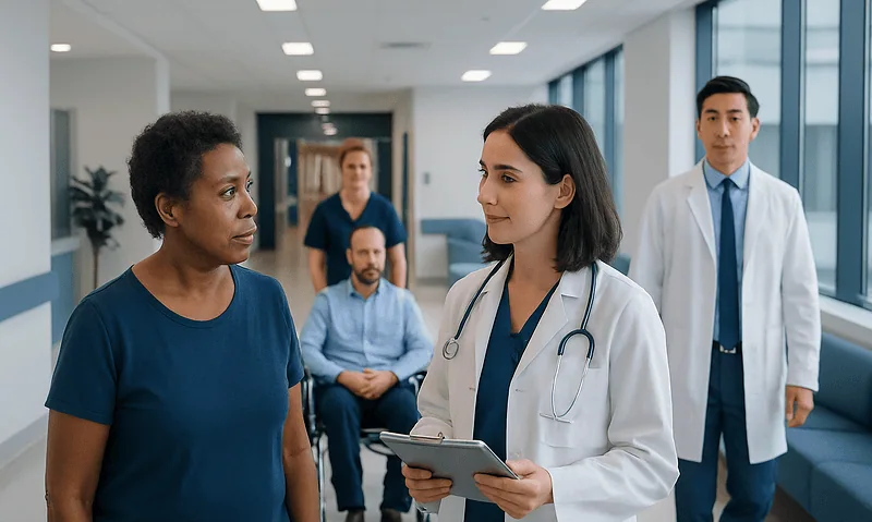 Hemoglobin (HGB) Blood Test: What Low and High Levels Mean — and What to Do Next 10 Medical team consulting patient in hospital corridor at Acibadem Hospitals Group.