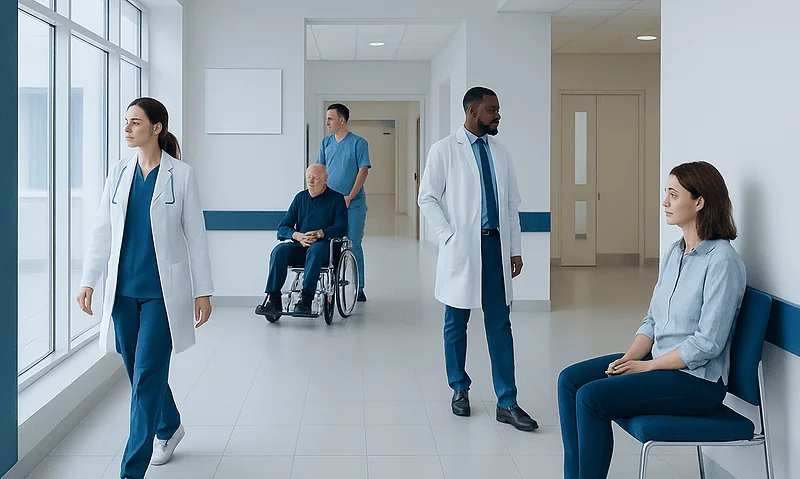 Medical staff and patient in hospital corridor at Acibadem Hospitals Group.