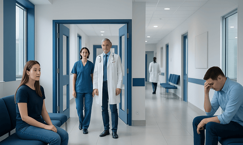 Patients waiting in hospital corridor with medical staff approaching.