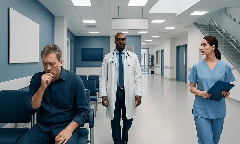 Patient waiting in hospital corridor with medical staff nearby.