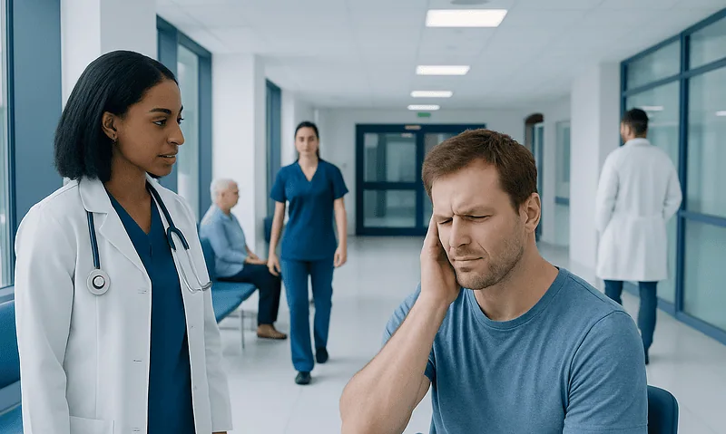 Patient experiencing ear pain in hospital corridor with medical staff nearby.