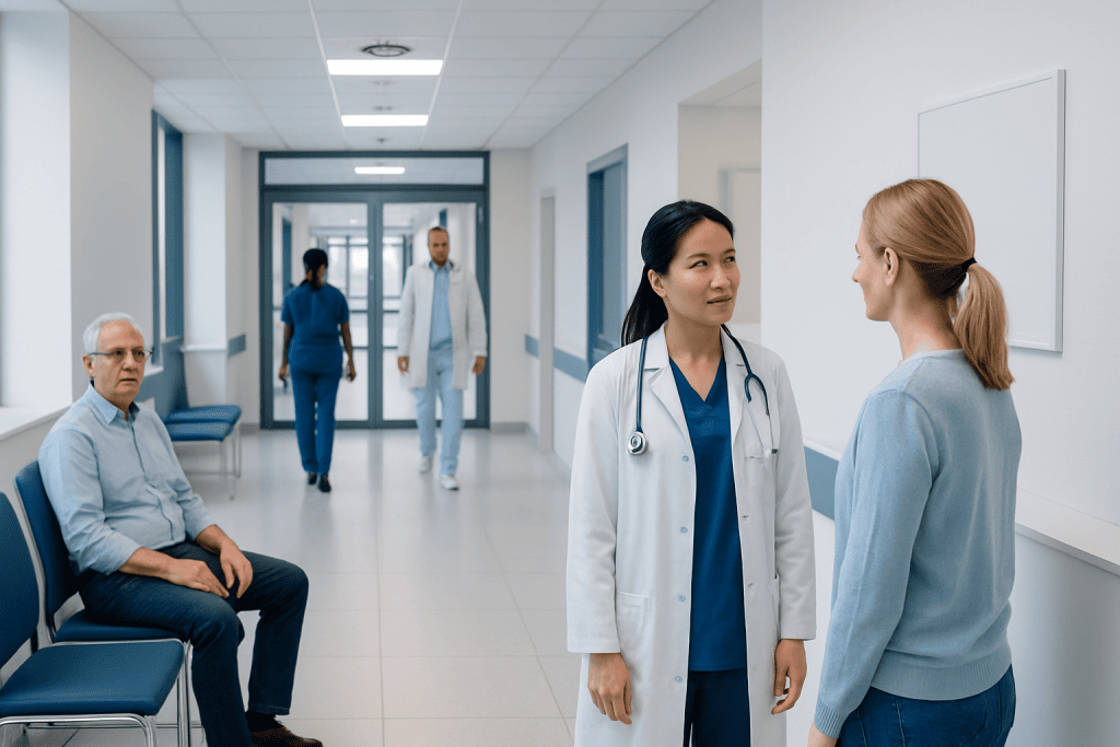 Hemorrhoid Cream: What Patients Need to Know 1 Doctor consulting a patient in a hospital corridor with other patients nearby.