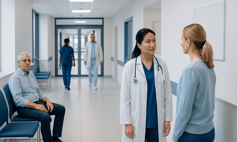 Doctor consulting a patient in a hospital corridor with other patients nearby.
