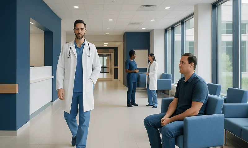 Healthcare professionals in a modern hospital corridor with patient seating.