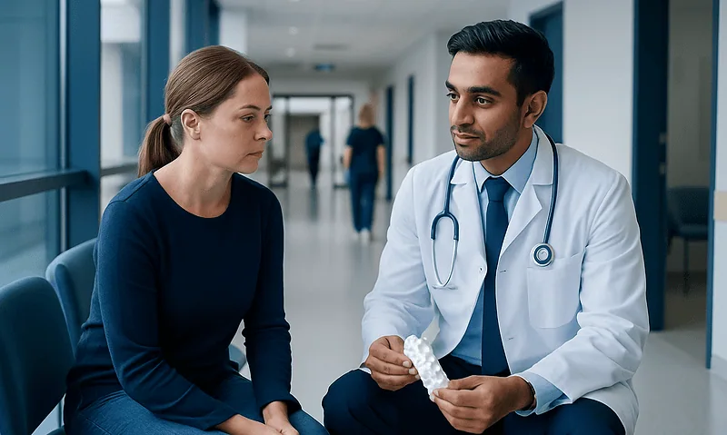 Doctor consulting with a female patient in a hospital corridor.