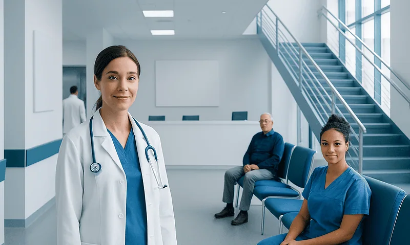 Healthcare professionals in a hospital waiting area with stairs in the background.