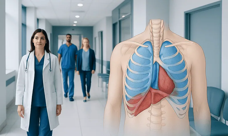 Medical team walking in hospital corridor with a detailed chest anatomy model.