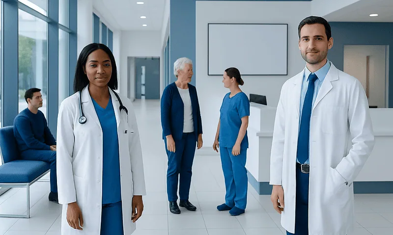 Medical team at Acibadem Hospital with doctors and patients in a modern facility.