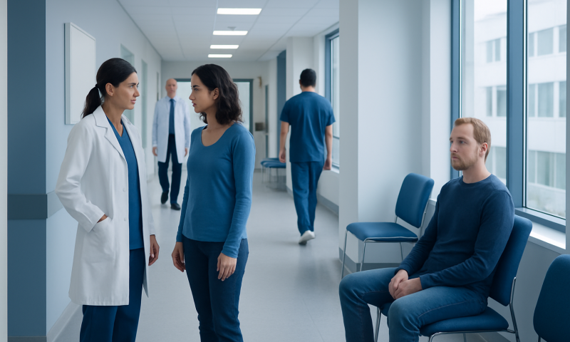 Patient consulting with doctor in hospital corridor at Acibadem Hospitals Group.