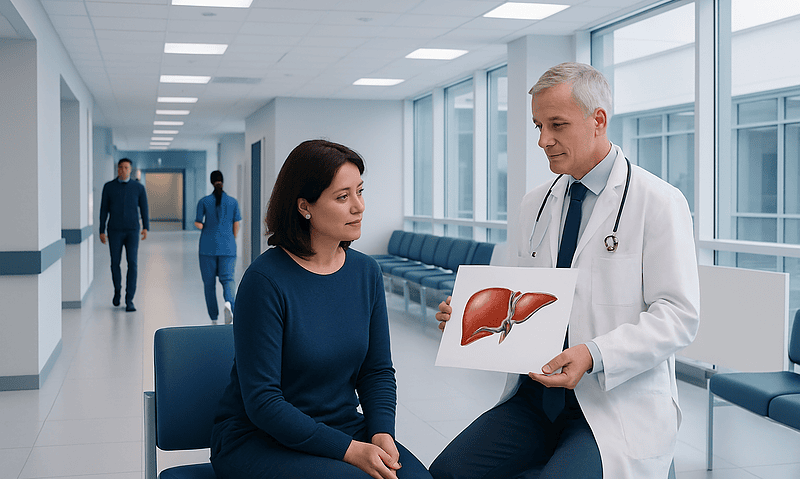 Doctor explaining liver health to a patient in a hospital corridor.
