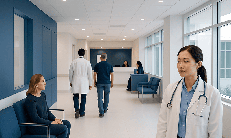 Modern hospital waiting area with medical staff and patients.