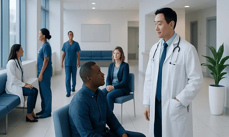 Doctor consulting patient in hospital waiting area with medical staff in background.