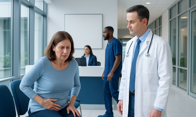 Patient experiencing abdominal pain in a hospital consultation room.