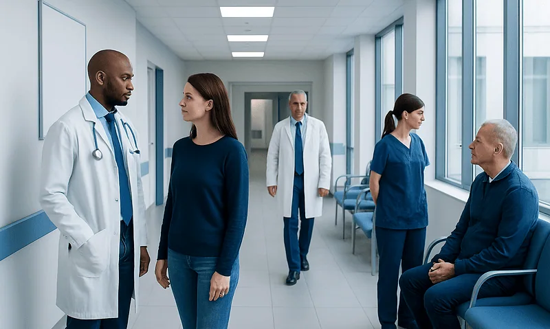Medical team discussing patient care in hospital corridor.