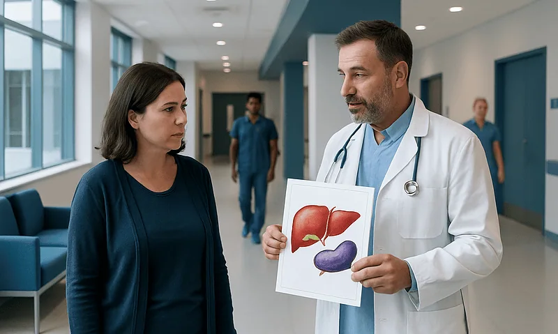 Doctor explaining liver and spleen diagram to a patient in hospital corridor.