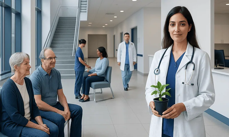 Doctor holding a plant in a hospital corridor with patients and staff in background.