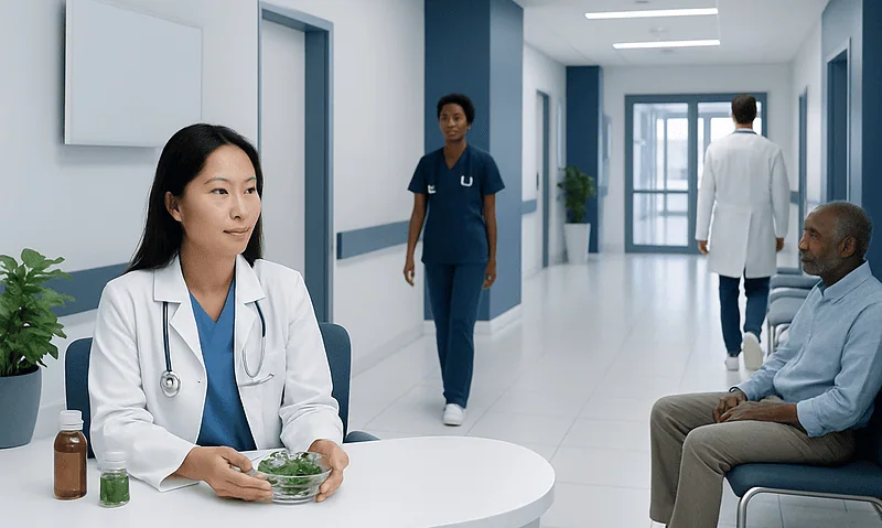 Medical consultation in a modern hospital corridor with healthcare professionals and patient.