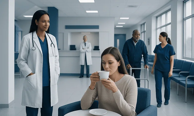 Healthcare professionals and patient in a hospital waiting area.