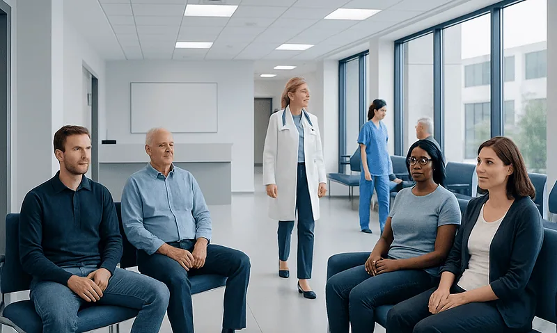 Patients waiting in a hospital corridor with medical staff nearby.