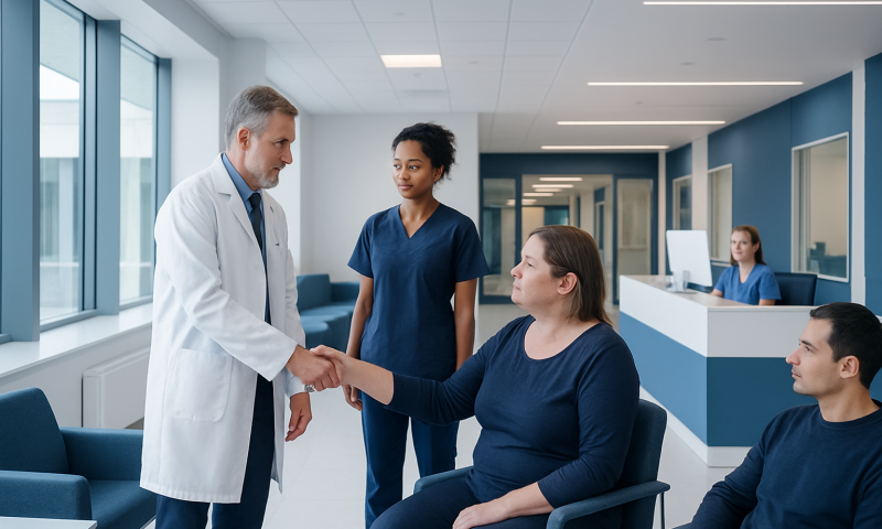 Doctor shaking hands with patient in hospital corridor with staff and patients.