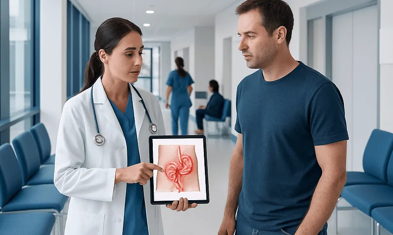 Doctor explaining hernia condition to patient using a digital diagram.