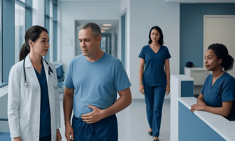 Patient consulting with medical staff in hospital corridor.