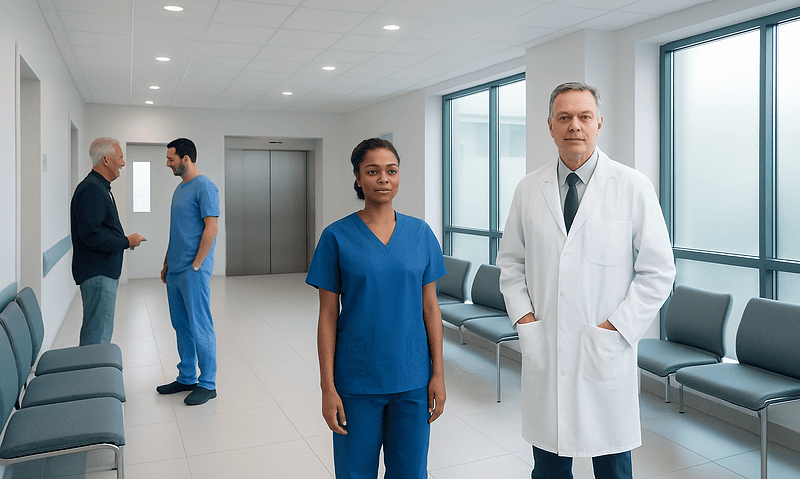 Medical team in hospital corridor with doctors and nurses.
